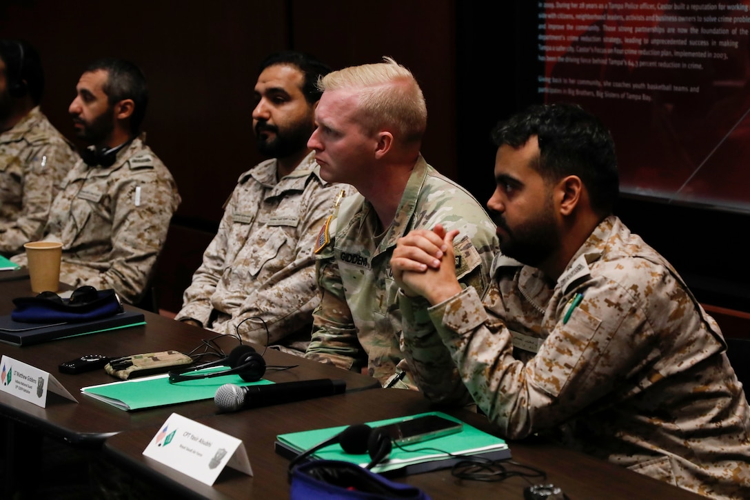 U.S. Central Command (CENTCOM) and Royal Saudi Air Force (RSAF) personnel listen to a presentation during tabletop exercise Protection Shield at the University of Tampa, Dec. 8, 2025. CENTCOM, the Kingdom of Saudi Arabia Ministry of Defense, and other subject matter experts participated in the consequence management tabletop exercise that aims to prevent, protect, and respond to incidents while improving interagency operability. (U.S. Central Command Public Affairs photo by Tom Gagnier)
