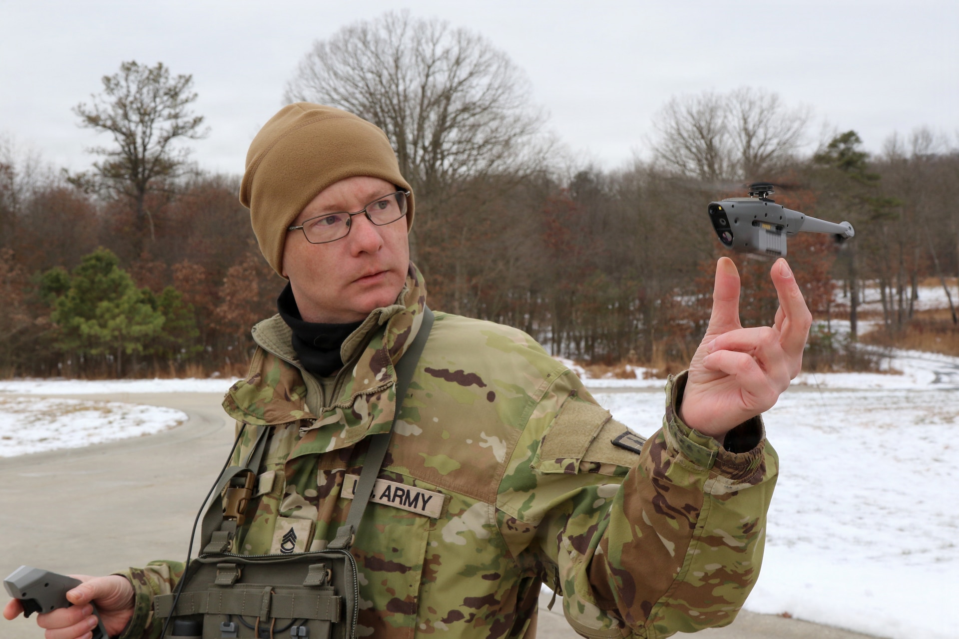 U.S. Army infantry cadre assigned to 1st Battalion, 166th Regiment – Regional Training Institute, Pennsylvania Army National Guard conduct Soldier Borne Sensor (SBS) training at Fort Indiantown Gap Dec. 9–11, 2025, as part of ongoing efforts to modernize small-unit reconnaissance and prepare instructors for future unmanned aircraft system integration. (U.S. Army National Guard photo by Sgt. 1st Class Shane Smith)