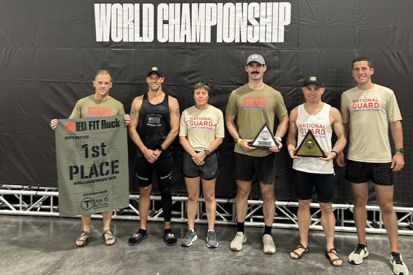 Lt. Col. Deborah Fisher, third from left, commander of the 288th Motor Transportation Battalion, Pennsylvania National Guard, poses with other National Guard Soldiers who participated in the 2025 DEKA World Championships Dec. 5-7, 2025, in Fort Lauderdale, Florida. Fisher placed 6th in her age group for DEKAFIT. (Courtesy photo)