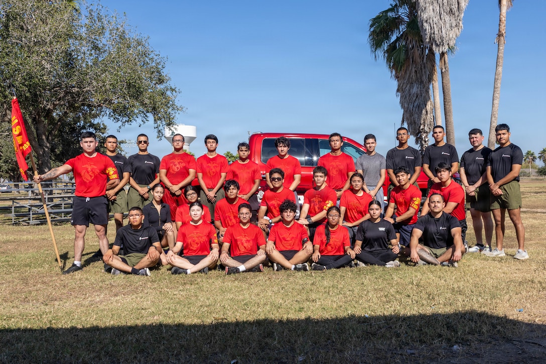 U.S. Marine Corps Recruiters and Pooles with Recruiting Sub Station Weslaco, Recruiting Station South Texas, pose for a photo in Weslaco, Texas, Nov. 8, 2025. The pool function served as an opportunity for future Marines to build camaraderie and experience firsthand some of the rigors they will face during recruit training. (U.S. Marine Corps Photo by Cpl.Christian Salazar)