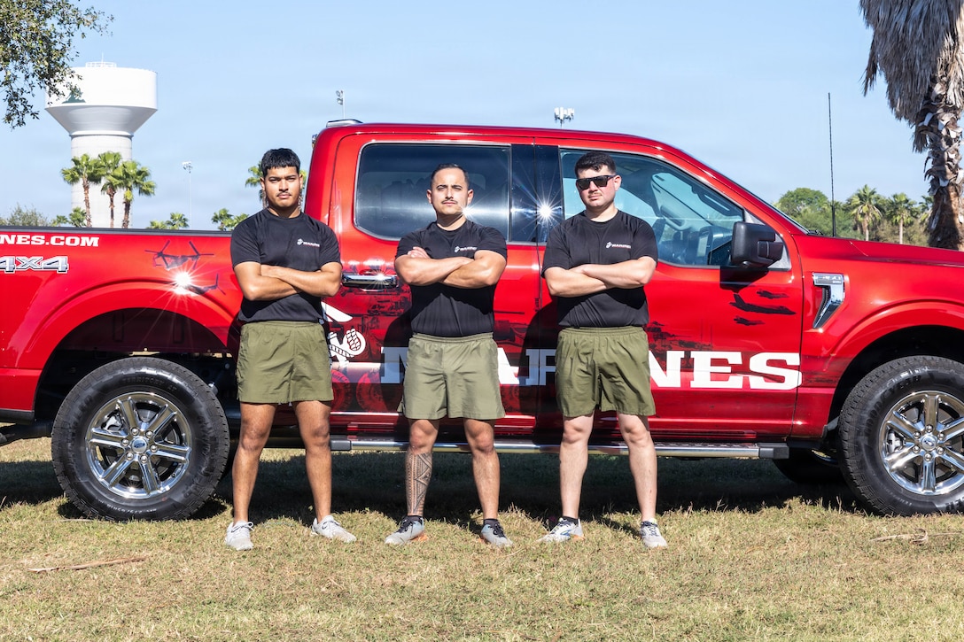 U.S. Marines with Recruiting Sub Station Weslaco, Recruiting Station South Texas, pose for a photo in Weslaco, Texas, Nov. 8, 2025. The pool function served as an opportunity for future Marines to build camaraderie and experience firsthand some of the rigors they will face during recruit training. (U.S. Marine Corps Photo by Cpl.Christian Salazar)