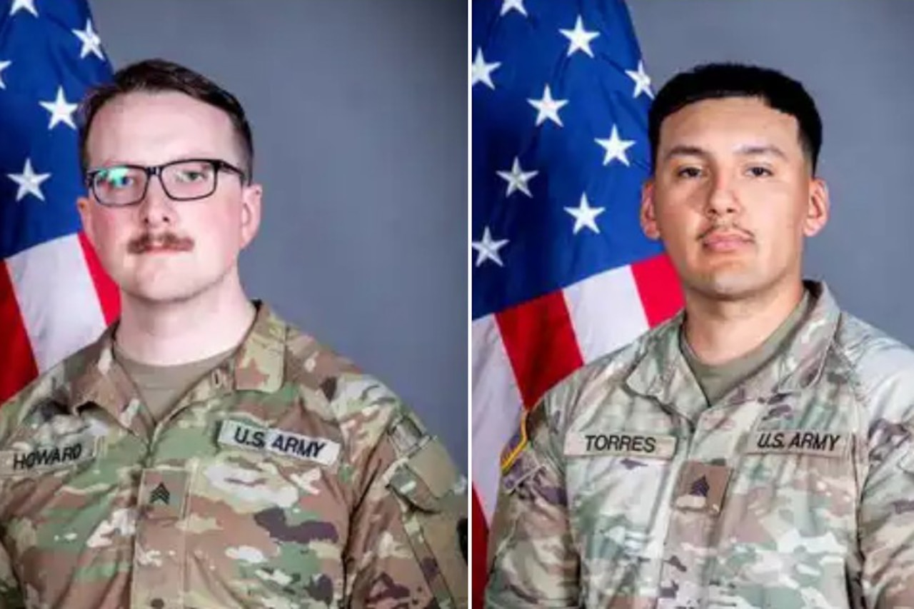 Two individual portraits of men in camouflage military uniforms, both posed in front of an American flag.