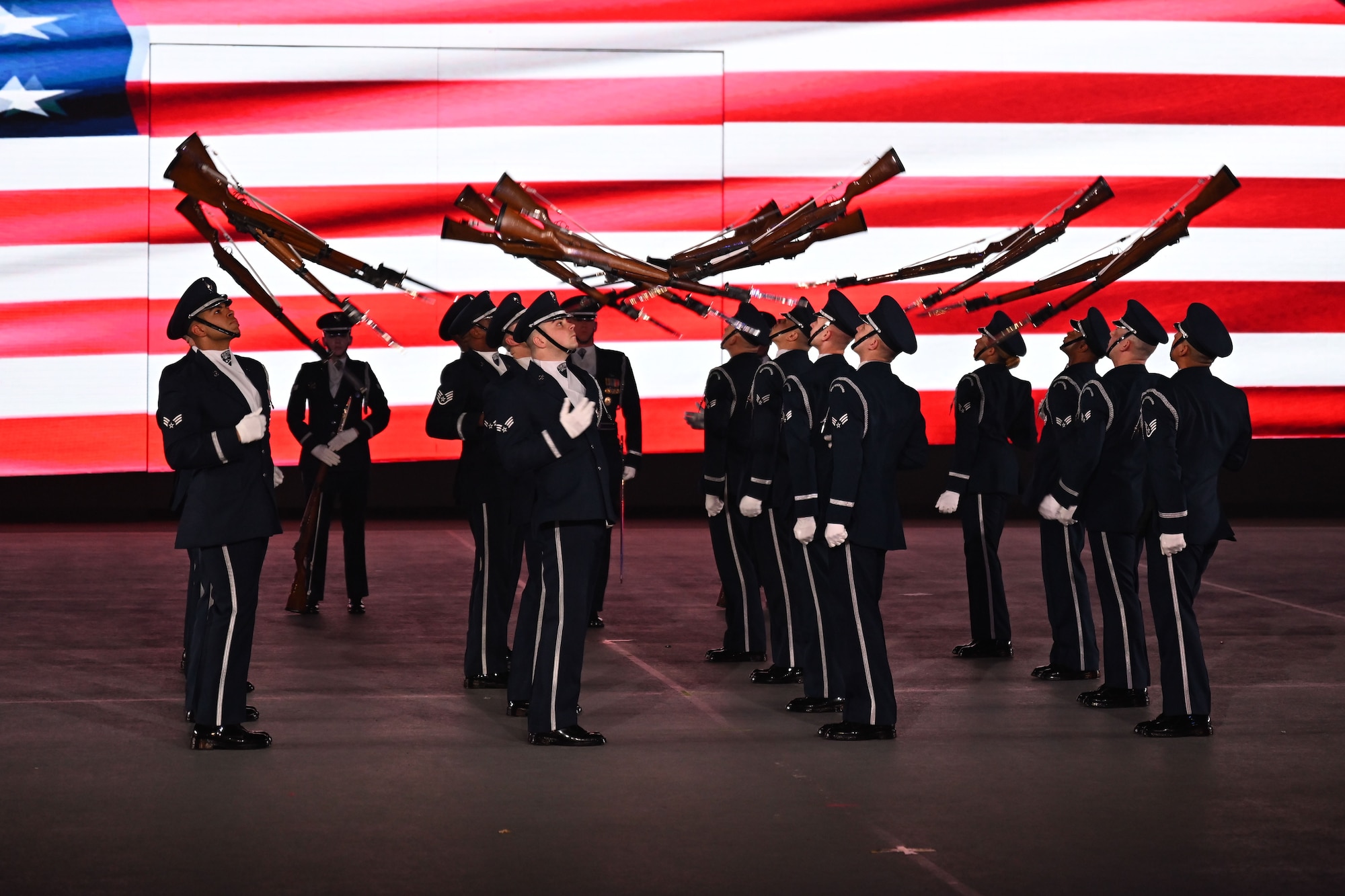 The U.S. Air Force Honor Guard Drill Team rehearses for Qatar’s International Festival of Military Music and Marching in Doha, Qatar, Dec. 15, 2025.