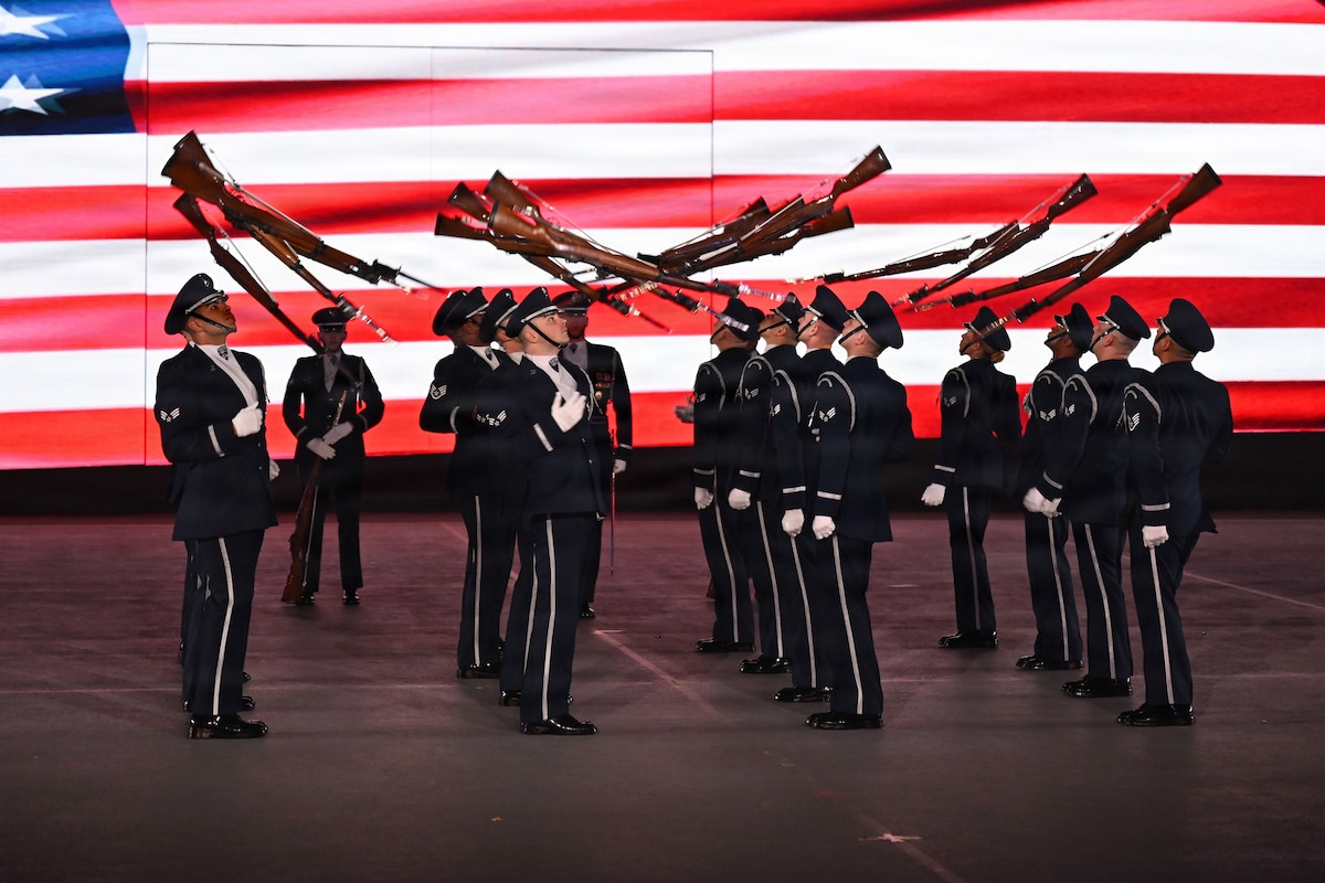 Members of the U.S. Air Force Honor Guard Drill Team rehearse for the International Festival of Military Music and Marching in Doha, Qatar, Dec. 15, 2025. Established in 1950, the Drill Team showcases the discipline, precision and professionalism of Airmen through synchronized rifle movements and ceremonial routines performed worldwide. (U.S. Air Force photo by Senior Airman Geneva Nguyen) 