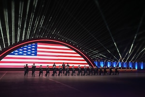 The U.S. Air Force Honor Guard Drill Team rehearses for Qatar’s International Festival of Military Music and Marching in Doha, Qatar, Dec. 15, 2025.