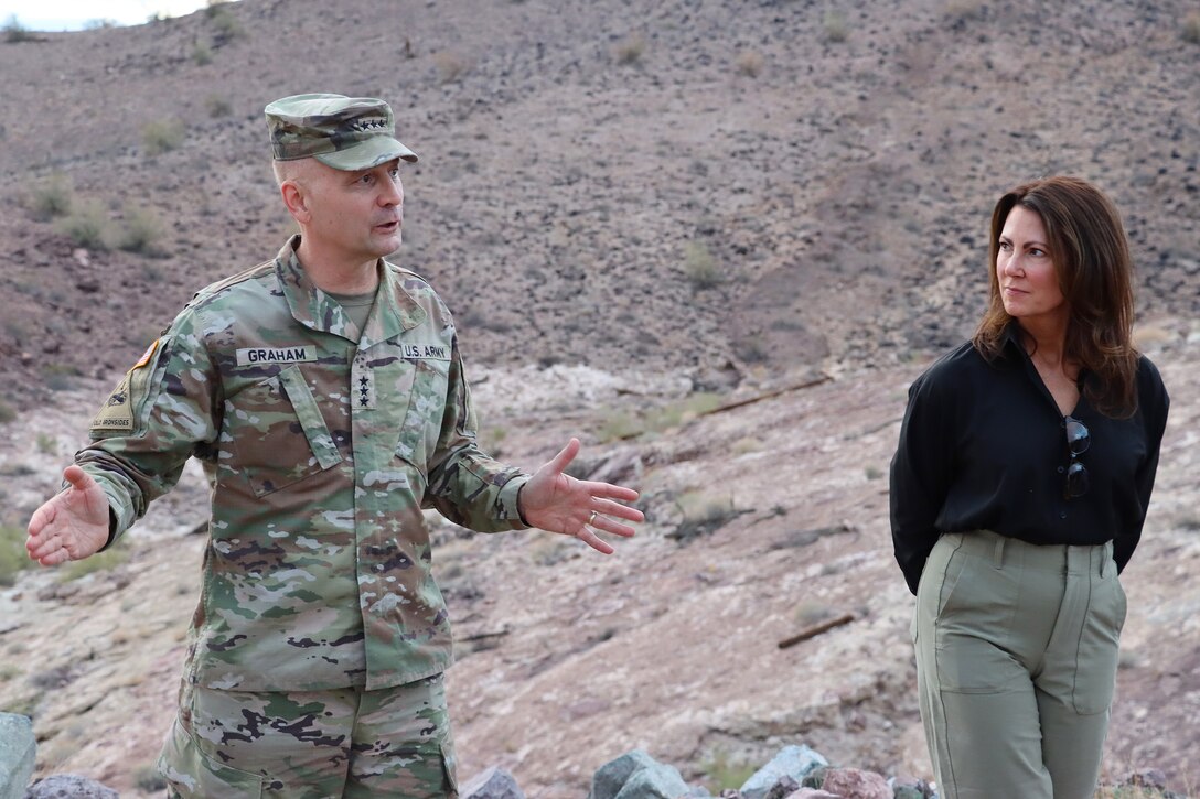 U.S. Army Corps of Engineers commander Lt. Gen. William “Butch” Graham and Army Chief of Public Affairs Rebecca Hodson discuss the Army’s vital role to the nation’s civil works programs, including protecting critical infrastructure, flood-risk management and disaster response, while touring Painted Rock Dam Nov. 17 in Gila Bend, Arizona.