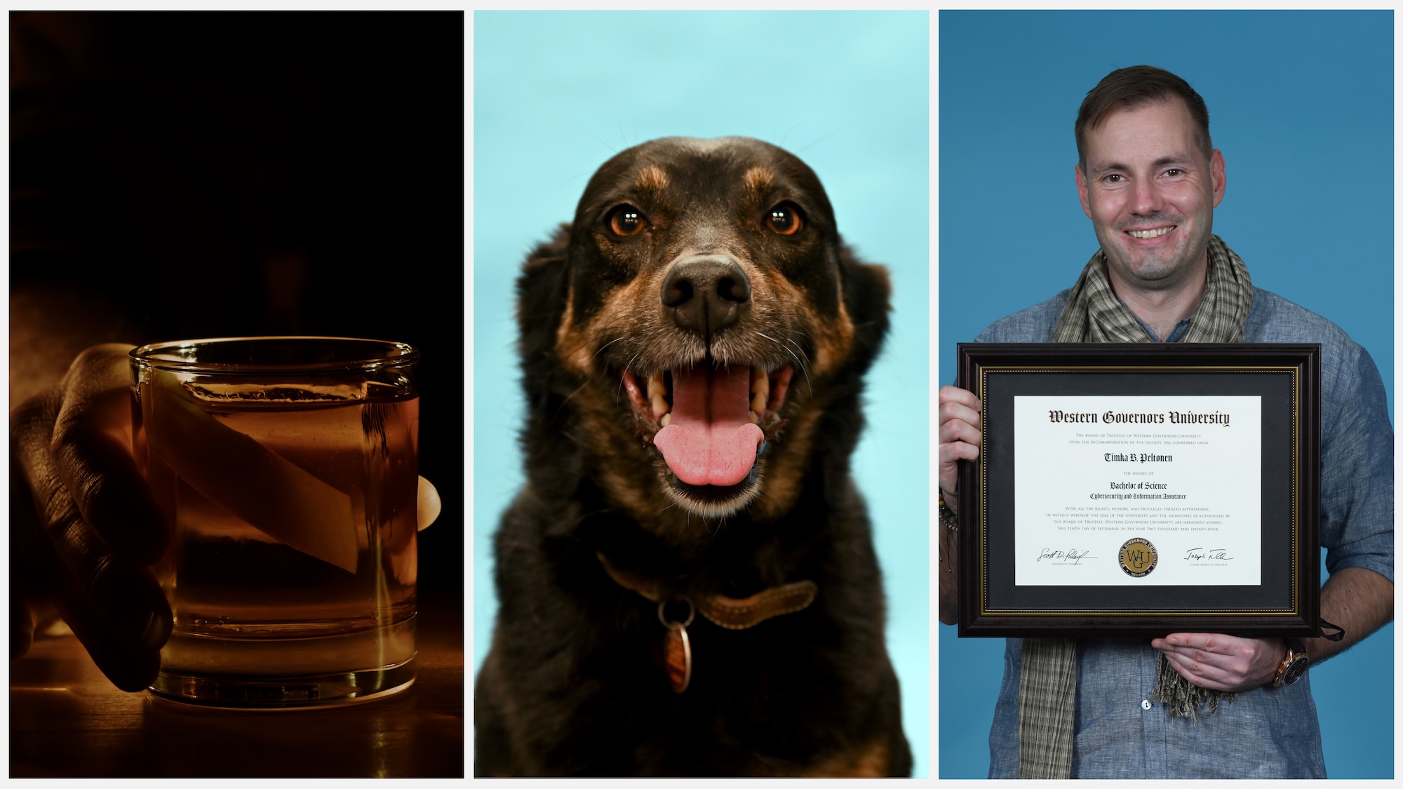 What began as a struggle with alcoholism has turned into the road to success for U.S. Air Force Master Sgt. Timka Peltonen, 488th Intelligence Squadron, thanks to the Alcohol and Drug Abuse Prevention and Treatment program, his dog Tyttö, and his own sheer hard work. Due to a stressful start as a missile maintenance technician, causing him to turn to alcohol as a stress reliever, then snowballing into a downward spiral during the first few years of his military career, Peltonen sought out help from ADAPT three times. Tyttö, his faithful pup, proved to be the saving grace in his recovery, and he went on to earn his degree in cyber security. He has since been selected for Warrant Officer Training School, starting in early 2026. (U.S. Air Force photo illustration by Karen Abeyasekere)