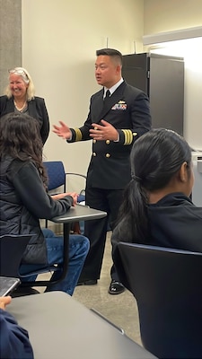 Dr. Susan DeReimer (left), professor of Medical Education with University of California, Merced, introduced Cmdr. Vi Song Tring,  a U.S. Navy family medicine doctor currently assigned as the chief medical informatics officer for Naval Medical Forces Pacific, to students enrolled in the San Joaquin Valley PRIME+ BS to MD pathway, a UC Merced program designed to train doctors to improve regional healthcare access, during a campus visit on Dec. 3, 2025. Tring shared his clinical and operational experiences as a Navy medical officer and discussed scholarship opportunities available to help fund their medical education. (Courtesy photo)