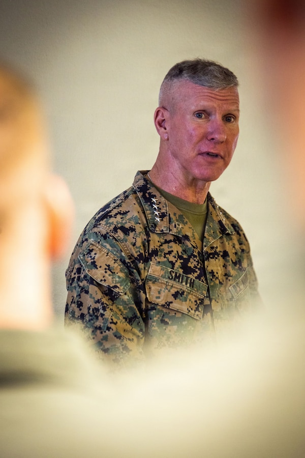 The 39th Commandant of the Marine Corps, Gen. Eric M. Smith, speaks to U.S. Marines with Marine Fighter Attack Squadron (VMFA) 225, U.S. Marine Corps Forces, South, at Jose Aponte de la Torre Airport in Ceiba, Puerto Rico, Dec. 16, 2025. U.S. military forces are deployed to the Caribbean in support of the U.S. Southern Command mission, Department of War-directed operations, and the president’s priorities to disrupt illicit drug trafficking and protect the homeland. (U.S. Marine Corps photo)