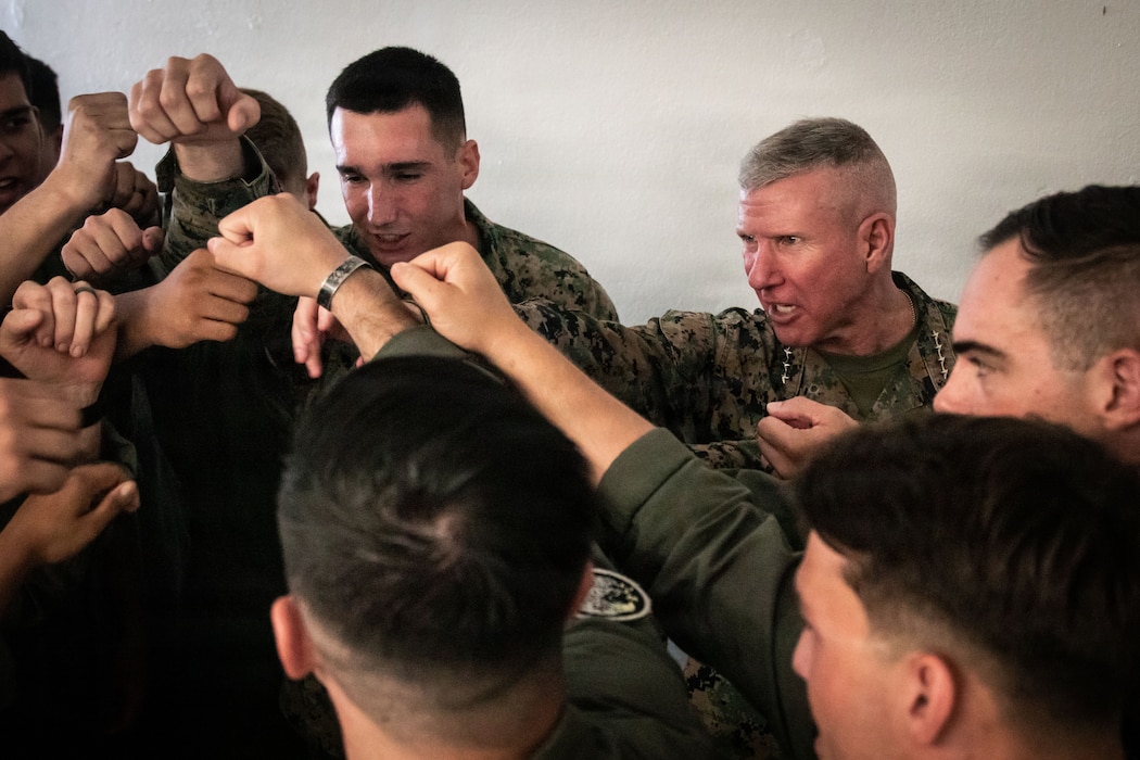 The 39th Commandant of the Marine Corps, Gen. Eric M. Smith, and U.S. Marines with Marine Fighter Attack Squadron (VMFA) 225, U.S. Marine Corps Forces, South, conduct a unit ritual at Jose Aponte de la Torre Airport in Ceiba, Puerto Rico, Dec. 16, 2025. U.S. military forces are deployed to the Caribbean in support of the U.S. Southern Command mission, Department of War-directed operations, and the president’s priorities to disrupt illicit drug trafficking and protect the homeland. (U.S. Marine Corps photo)