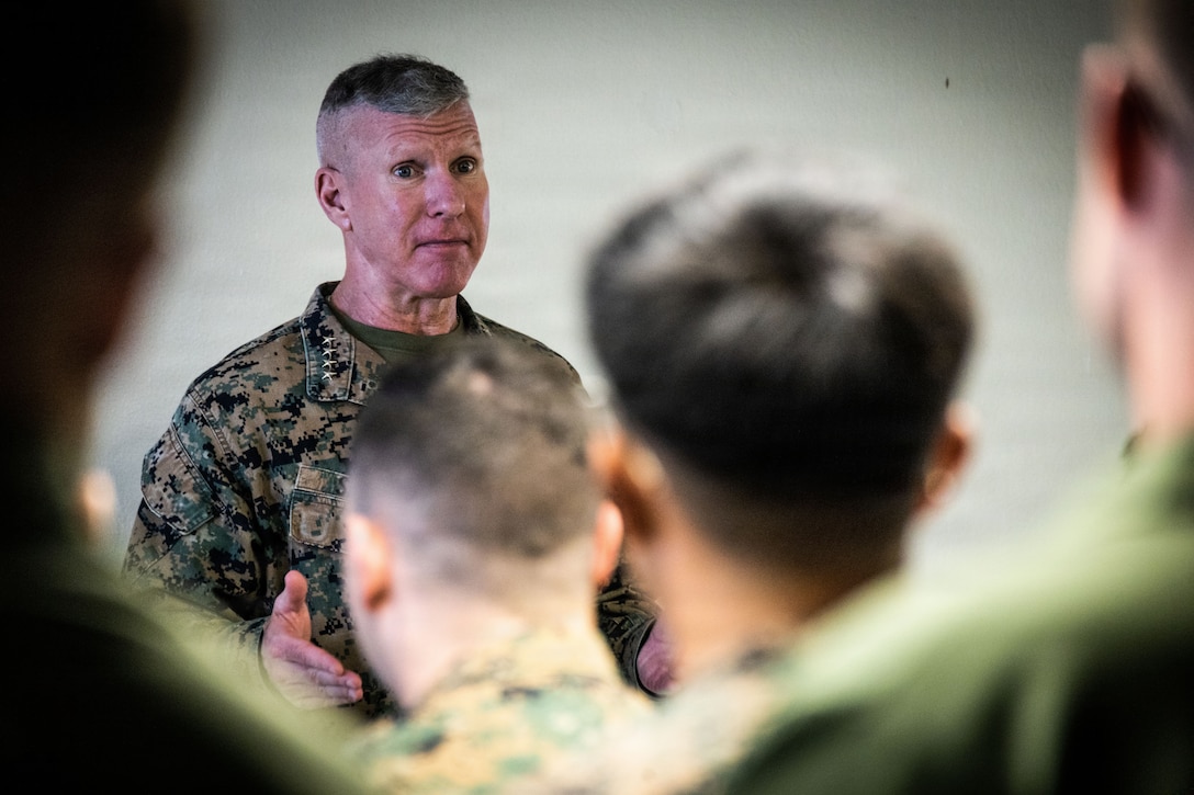 The 39th Commandant of the Marine Corps, Gen. Eric M. Smith, speaks to U.S. Marines with Marine Fighter Attack Squadron (VMFA) 225, U.S. Marine Corps Forces, South, at Jose Aponte de la Torre Airport in Ceiba, Puerto Rico, Dec. 16, 2025. U.S. military forces are deployed to the Caribbean in support of the U.S. Southern Command mission, Department of War-directed operations, and the president’s priorities to disrupt illicit drug trafficking and protect the homeland. (U.S. Marine Corps photo)