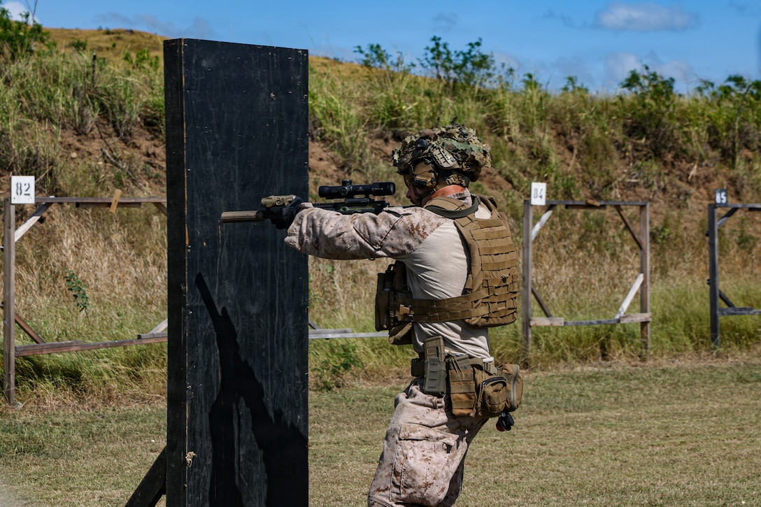 A U.S. Marine with Kilo Company, Battalion Landing Team 3/6, 22nd Marine Expeditionary Unit (Special Operations Capable), conducts maneuver under fire drills during a short bay range on Camp Santiago, Puerto Rico, Dec. 8, 2025. U.S. military forces are deployed to the Caribbean in support of the U.S. Southern Command mission, Department of War-directed operations, and the president’s priorities to disrupt illicit drug trafficking and protect the homeland. (U.S. Marine Corps photo)