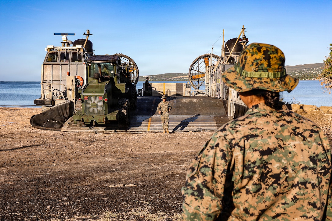 U.S. Marines with Combat Logistics Battalion 26, 22nd Marine Expeditionary Unit (Special Operations Capable), offload cargo from a landing craft, air cushion during amphibious operations in Port au Ponce, Puerto Rico, Dec. 6, 2025. U.S. military forces are deployed to the Caribbean in support of the U.S. Southern Command mission, Department of War-directed operations, and the president’s priorities to disrupt illicit drug trafficking and protect the homeland. (U.S. Marine Corps photo)