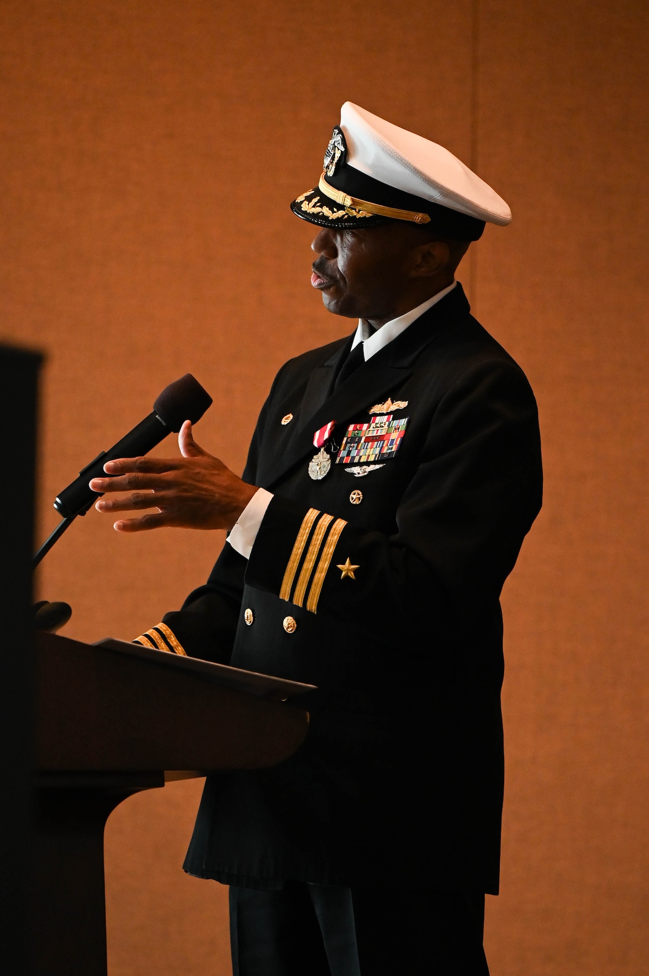 U.S. Navy Cmdr. Joseph Brisco, Naval Consolidated Brig Charleston outgoing commanding officer, gives thanks to his support system during the NCBC change of command ceremony.