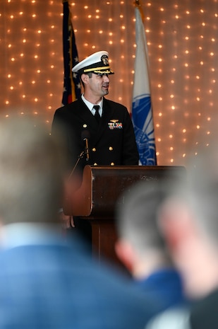 U.S. Navy Cmdr. Kevin Howard, Naval Consolidated Brig Charleston commanding officer, expresses his gratitude to the chain of command during the NCBC change of command ceremony.