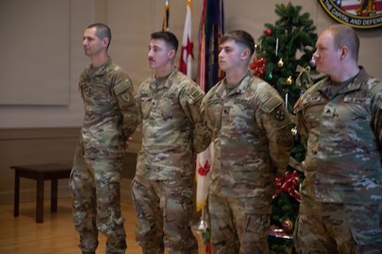 U.S. Army Soldiers assigned to the 323rd Military Police Company, Ohio Army National Guard, are recognized for lifesaving actions at the Potomac Avenue Metro station in Washington, D.C., Dec. 12, 2025.