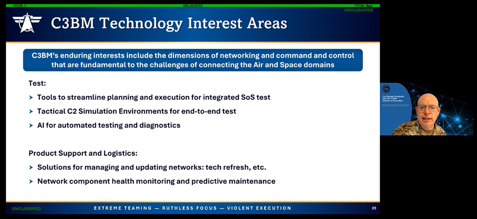 Col. George Dougherty discusses the Department of the Air Force Program Executive Office for Command, Control, Communications and Battle Management’s interest areas with attendees during Engagement Day, here, Dec. 11, 2025. Dougherty is the Industry Innovation team director for PEO C3BM. The event provided an overview of PEO C3BM’s mission and highlighted pathways for collaboration to advance command and control capabilities. (Official Air Force Screenshot by Morgan Brown).