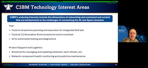 Col. George Dougherty discusses the Department of the Air Force Program Executive Office for Command, Control, Communications and Battle Management’s interest areas with attendees during Engagement Day, here, Dec. 11, 2025. Dougherty is the Industry Innovation team director for PEO C3BM. The event provided an overview of PEO C3BM’s mission and highlighted pathways for collaboration to advance command and control capabilities. (Official Air Force Screenshot by Morgan Brown).