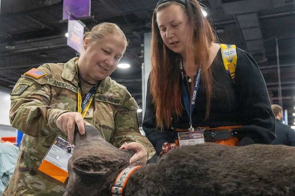 woman wearing u.s. army uniform demonstrates a dog mannequin to a women wearing business clothes.