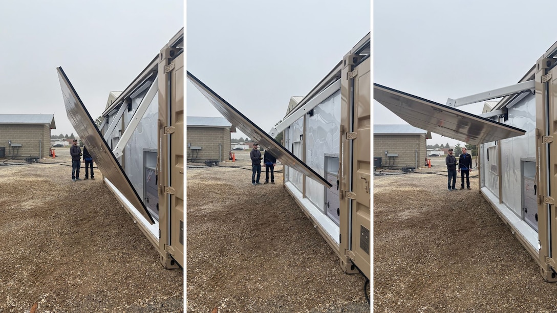 ERDC Researcher Dr. Aaron Petri deploys one of the energy node’s photovoltaic (PV) panels.