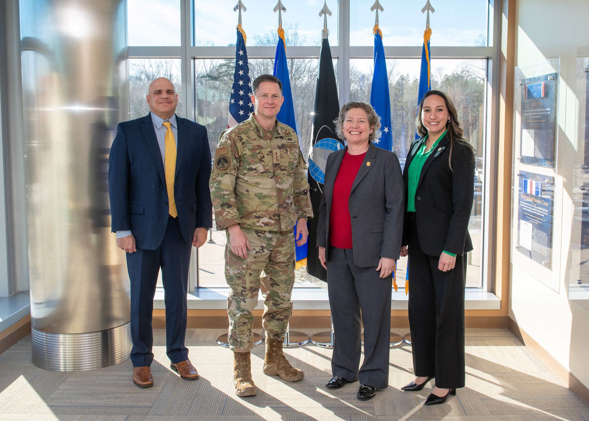 Lt. Gen. David B. Lyons, Inspector General, Department of the Air Force, stands with AFOSI leadership during a visit to the Russell-Knox Building in Quantico, Virginia, Dec. 15, 2025. Pictured with Lyons are Brig. Gen. Amy Bumgarner, AFOSI commander; Ms. Pearl S. Mundt, AFOSI executive director; and Col. Brian Stelma, AFOSI deputy commander.