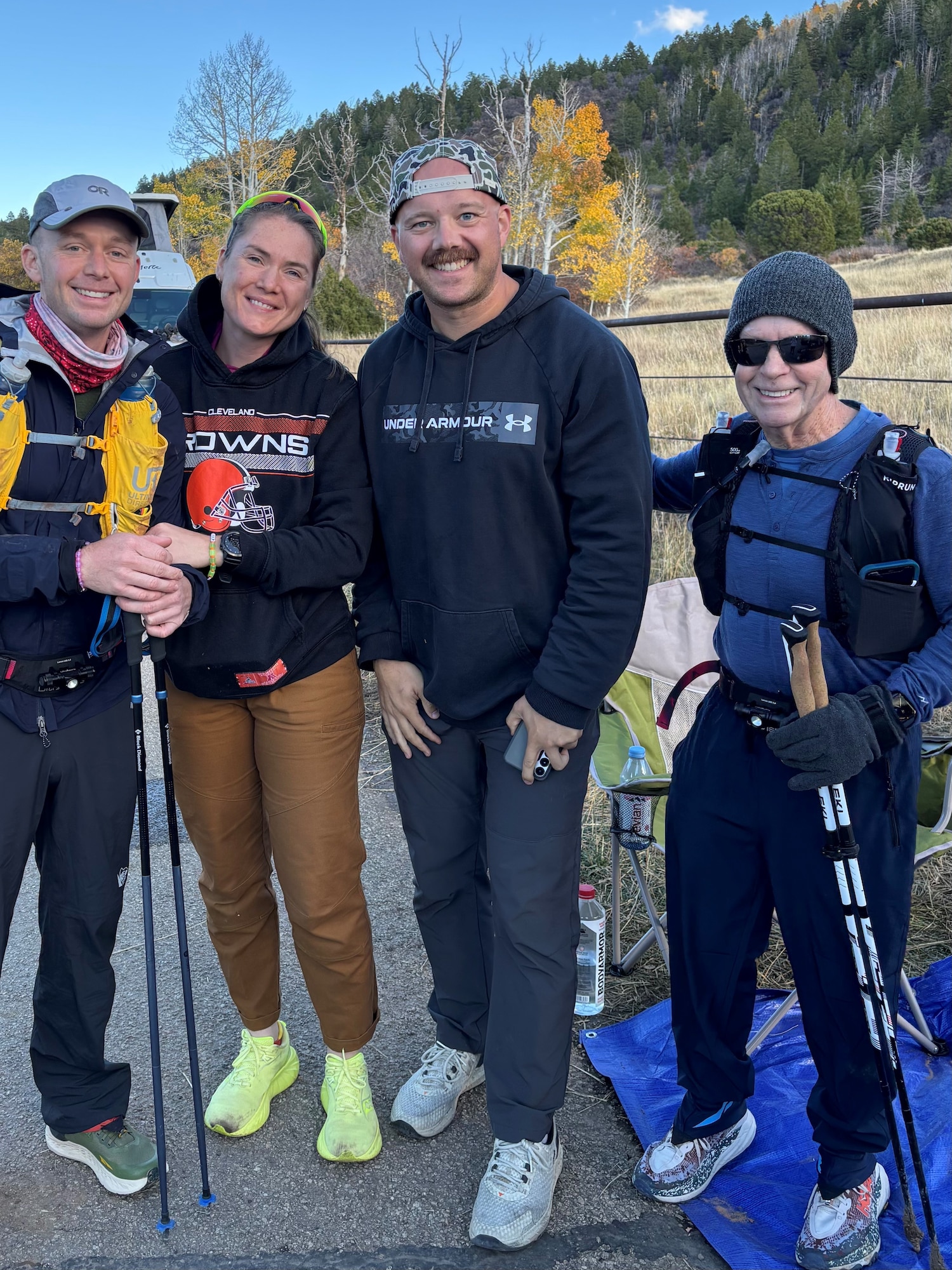 Mike Dent, AEDC Technical Management Branch Chief at Arnold Air Force Base, Tenn., far right, served as a pacer for his son in the 2025 ultramarathon Moab 240 that took place in Moab, Utah in October. Pacers are critical in ultramarathons, offering morale support, companionship, and safety. Mike’s son Tim was joined by a team pacer that helped along the race. From left is Tim Dent, Cariná Bardii, MSgt Ethan Minder, and Mike Dent. (Courtesy Photo)