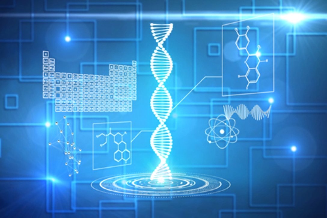 Digital illustration of a DNA double helix surrounded by molecular diagrams, data networks, and scientific symbols, representing modern biotechnology, AI-enabled research, and dual-use scientific capabilities.