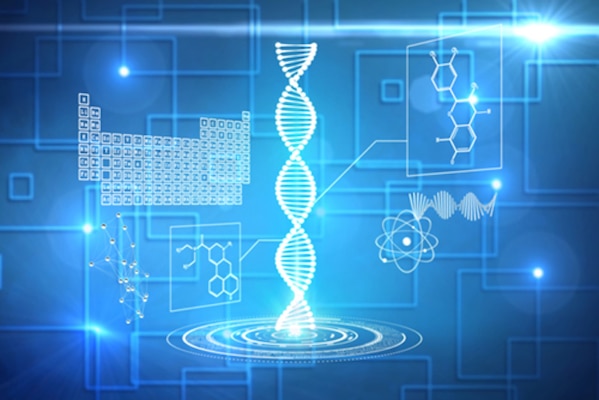Photo by: NIH/National Human Genome Research Institute.
A stylized digital illustration of a glowing DNA double helix suspended in a futuristic blue interface. Surrounding the helix are schematic icons representing molecular structures, chemical formulas, data grids, network nodes, and atomic symbols. The image visually conveys the convergence of biotechnology, data, artificial intelligence, and advanced scientific systems in a highly networked, modern research environment.