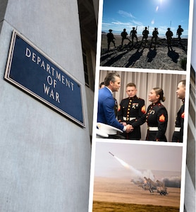 In a graphic, the Department of War sign is seen on a column on the left. On the right, three photos appear. The top is service members in tactical gear looking in the distance while standing on a mountain. The middle is the secretary of war shaking hands with a service member. The bottom is a missile firing in a desert-like area.