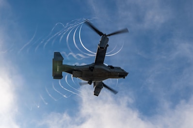 PACIFIC OCEAN (Dec. 12, 2025) — A U.S. Marine Corps MV-22B Osprey with Marine Medium Tiltrotor Squadron (VMM) 163 (Reinforced), 11th Marine Expeditionary Unit, conducts flight operations aboard Wasp-class amphibious assault ship USS Boxer (LHD 4),...