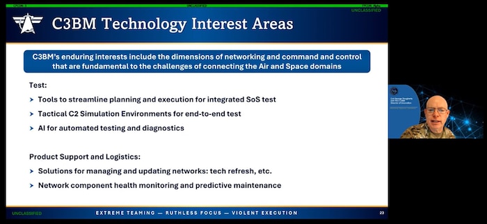 Col. George Dougherty discusses the Department of the Air Force Program Executive Office for Command, Control, Communications and Battle Management’s interest areas with attendees during Engagement Day, here, Dec. 11, 2025. Dougherty is the Industry Innovation team director for PEO C3BM. The event provided an overview of PEO C3BM’s mission and highlighted pathways for collaboration to advance command and control capabilities. (Official Air Force Screenshot by Morgan Brown).