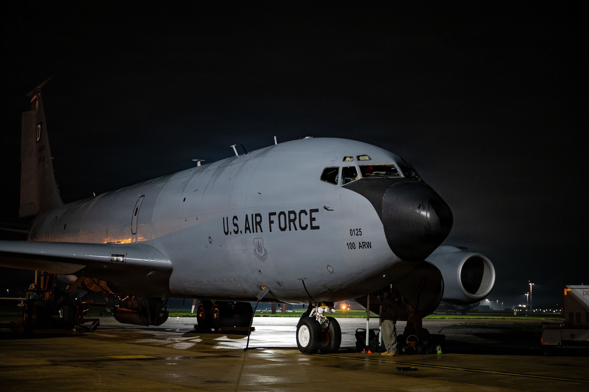 A U.S. Air Force KC-135 Stratotanker assigned to the 100th Air Refueling Wing sits on the flight line at RAF Mildenhall, England, Nov. 19, 2025.