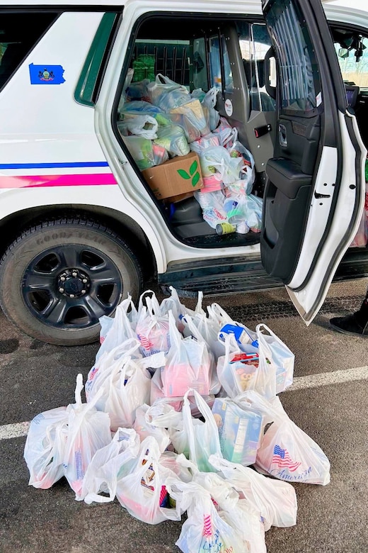 Members of the Fort Indiantown Gap police department and Fort Indiantown Gap Employees Association collected more than 6,000 food items that will be donated to area food banks to help those in need. (Courtesy photo)