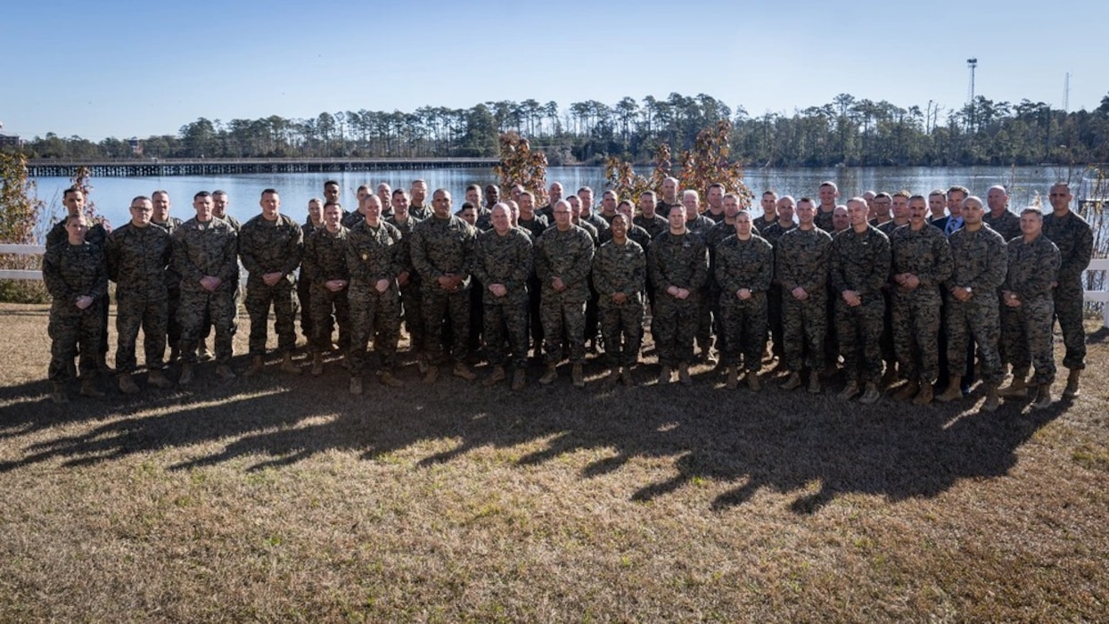 U.S. Marines with 2nd Marine Division pose for a photo during the Senior Leader's Conference on Marine Corps Base Camp Lejeune, North Carolina, Dec. 17, 2025. The conference provides a panel for senior leaders to communicate and create a shared understanding of 2nd MARDIV and Marine Corps priorities while building comradery. (U.S. Marine Corps photo by Lance Cpl. Brian Bolin Jr.)