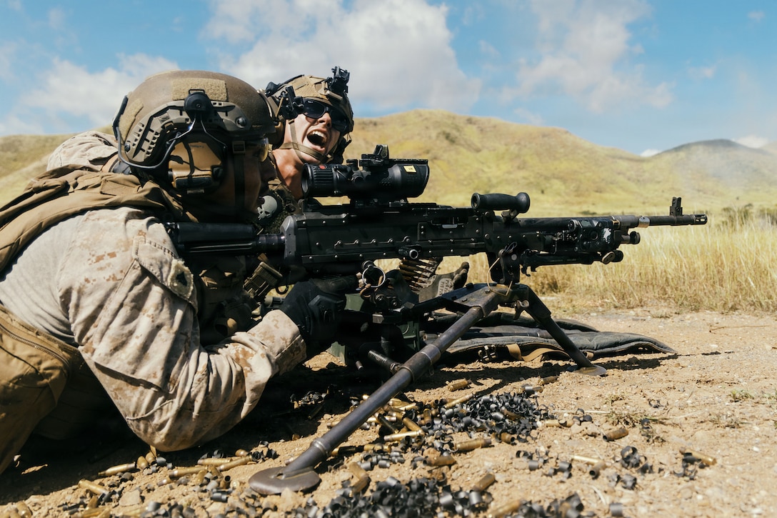 U.S. Marine Corps machine gunners with Lima Company, Battalion Landing Team 3/6, 22nd Marine Expeditionary Unit (Special Operations Capable), conduct an M240B machine gun live-fire range on Camp Santiago, Puerto Rico, Dec. 8, 2025. U.S. military forces are deployed to the Caribbean in support of the U.S. Southern Command mission, Department of War-directed operations, and the president’s priorities to disrupt illicit drug trafficking and protect the homeland. (U.S. Marine Corps photo)