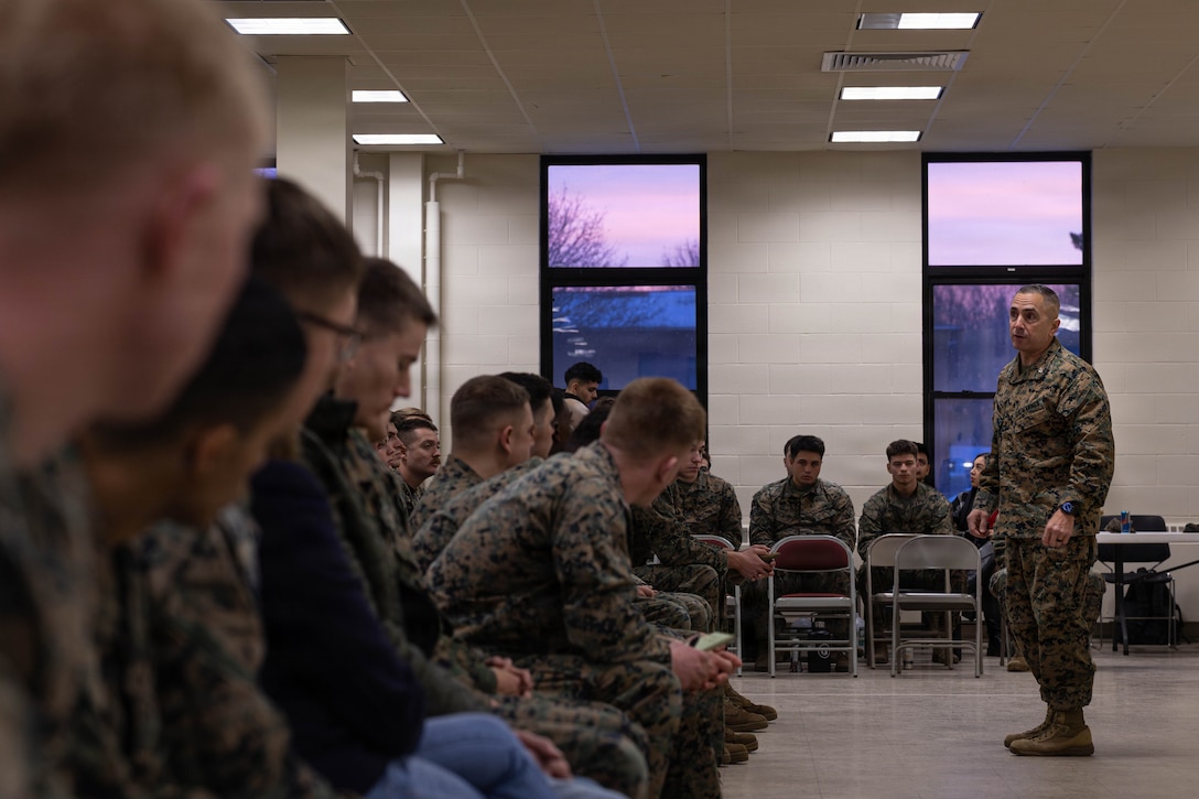 U.S. Marine Corps Col. James Fleming briefs Marines during the Yellow Ribbon Event at Fort Devens, Massachusetts, Dec. 13, 2025. Flemming is the commanding officer of the 25th Marine Regiment. The event provided resources, workshops and community-building opportunities to strengthen the resilience and readiness of military members and families before, during and after deployment. (U.S. Marine Corps photo by Lance Cpl. Priscilla Flores)