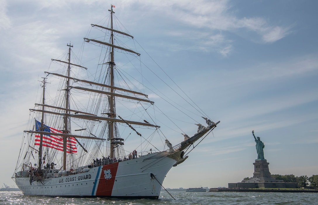 U.S. Coast Guard Barque Eagle (WIX 327), arrives in New York City, August 15, 2019.  Eagle is a tall ship used as a training platform for future Coast Guard Academy officers as well as vessel for establishing and maintaining domestic and international relationships. (U.S. Air Force photo by Staff Sgt. Cory D. Payne)