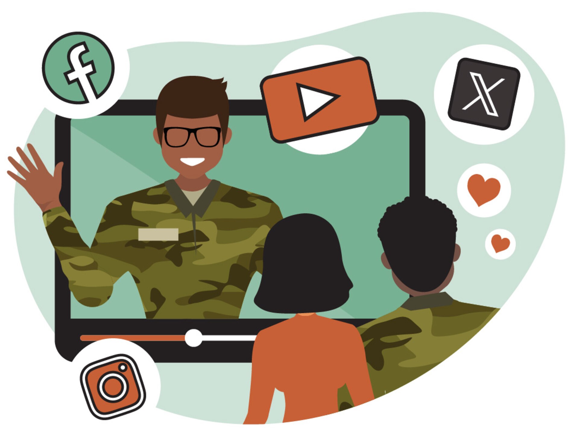 A service member promotes Facebook, Instagram, X and YouTube on screen. Viewers show appreciation with heart reactions.