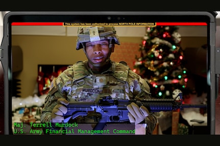 Maj. Terrell Murdock, U.S. Army Financial Management Command executive officer, is shown as part of USAFMCOM's annual holiday video Dec. 19, 2025. The video shares holiday wishes from Soldiers and Department of the Army civilian employees while also communicating how the command is transforming, modernizing and innovating to meet the needs of the Army today and in the future. (U.S. Army photo illustration by Mark R. W. Orders-Woempner)