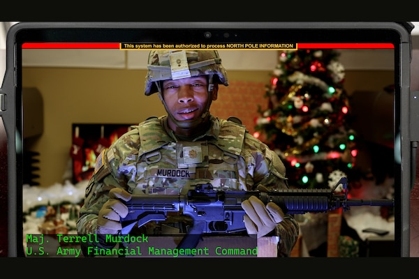 Maj. Terrell Murdock, U.S. Army Financial Management Command executive officer, is shown as part of USAFMCOM's annual holiday video Dec. 19, 2025. The video shares holiday wishes from Soldiers and Department of the Army civilian employees while also communicating how the command is transforming, modernizing and innovating to meet the needs of the Army today and in the future. (U.S. Army photo illustration by Mark R. W. Orders-Woempner)