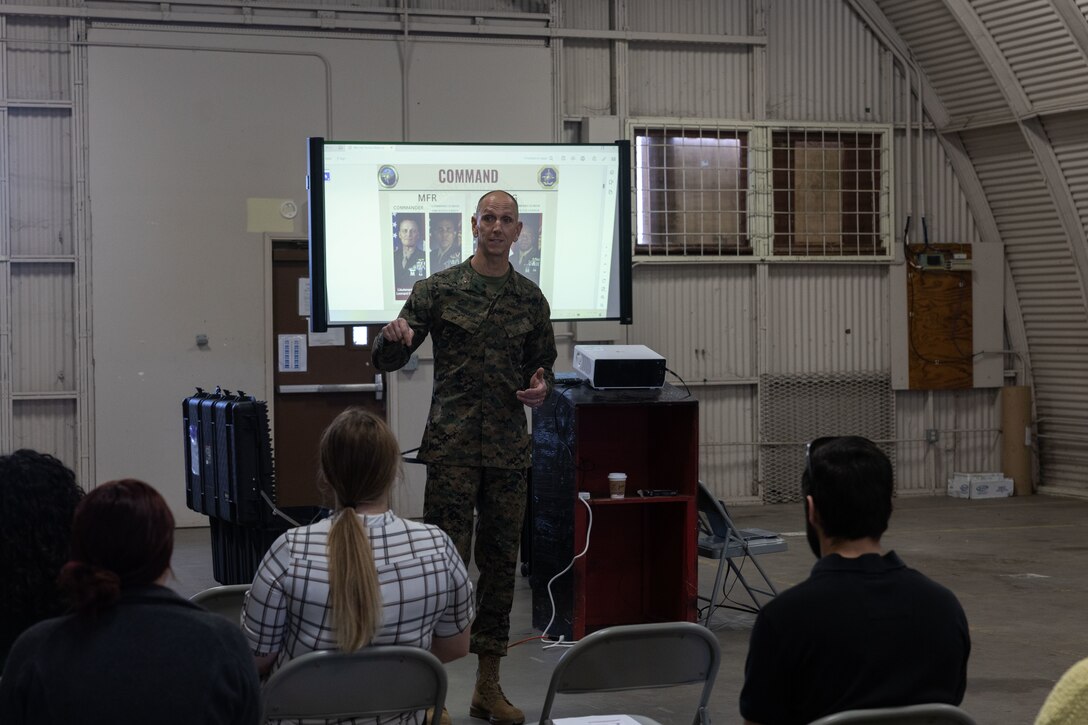 Brig. Gen. David Winnacker speaks with Marines in the Individual Ready Reserve (IRR) during an IRR Muster at Camp Pendleton, California, Dec. 14, 2025. Winnacker is the commanding general of Force Headquarters Group, Marine Forces Reserve. During these muster events, Marine Corps Individual Reserve Support Activity (MCIRSA) conducts an administrative screening of IRR Marines to ensure their readiness to augment and reinforce the active component. (U.S. Marine Corps photo by Sgt. Emily De La Torre)
