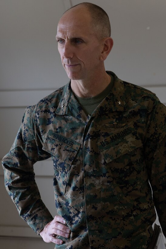 Brig. Gen. David Winnacker listens to briefs during an Individual Ready Reserve (IRR) Muster at Camp Pendleton, California, Dec. 14, 2025. Winnacker is the commanding general of Force Headquarters Group, Marine Forces Reserve. During these muster events, Marine Corps Individual Reserve Support Activity (MCIRSA) conducts an administrative screening of IRR Marines to ensure their readiness to augment and reinforce the active component. (U.S. Marine Corps photo by Sgt. Emily De La Torre)