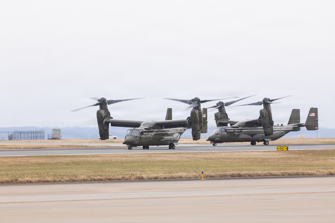 U.S. Marine Corps MV-22 Ospreys with Marine Helicopter Squadron One land with First Lady of the United States, Melania Trump, for a Toys for Tots charity event on Marine Corps Base Quantico, Virginia, Dec. 8, 2025. Since 1947, the Marine Corps Reserve has spearheaded the Toys for Tots program nationwide to collect toys for less fortunate children during the holiday season. Presently, the program distributes 7 to 18 million toys to children annually. (U.S. Marine Corps photo by Lance Cpl. Van Hoang)