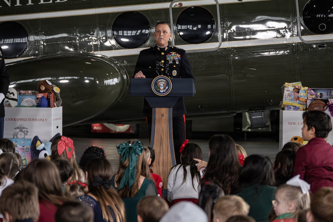 U.S. Marine Corps Lt. Gen. Leonard F. Anderson IV, commander, Marine Forces Reserve and Marine Forces South, gives a welcoming speech to Marines and children during a Toys for Tots charity event on Marine Corps Base Quantico, Virginia, Dec. 8, 2025. Since 1947, the Marine Corps Reserve has spearheaded the Toys for Tots program nationwide to collect toys for less fortunate children during the holiday season. Presently, the program distributes 7 to 18 million toys to children annually. (U.S. Marine Corps photo by Lance Cpl. Van Hoang)