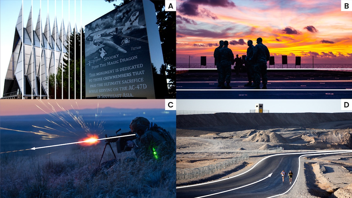 Superimposed white lines emphasize how natural lines in photographs help tell a story. The four photos are: A. the exterior of a building, B. service members standing on a runway in twilight, C. a machine gun being fired with tracer rounds and D. runners on a curving road.