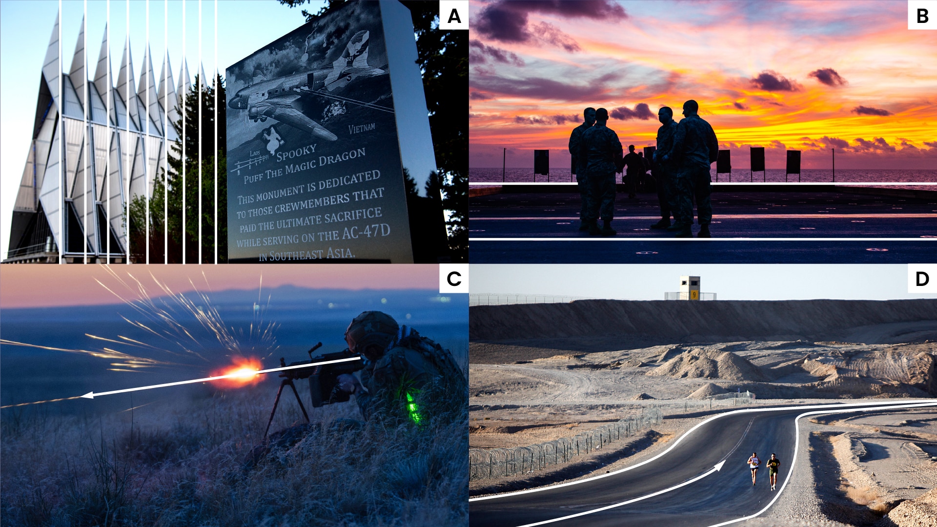 Superimposed white lines emphasize how natural lines in photographs help tell a story. The four photos are: A. the exterior of a building, B. service members standing on a runway in twilight, C. a machine gun being fired with tracer rounds and D. runners on a curving road.