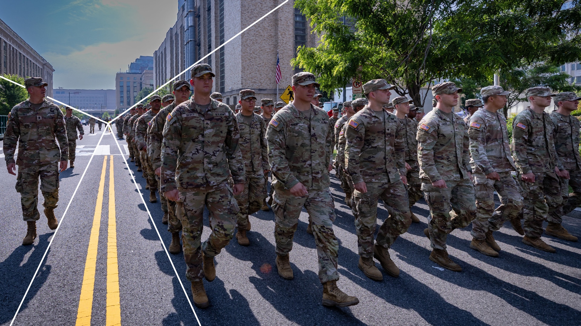 A group of uniformed service members march down a street with overlaid white lines highlighting the triangular shapes in the image.
