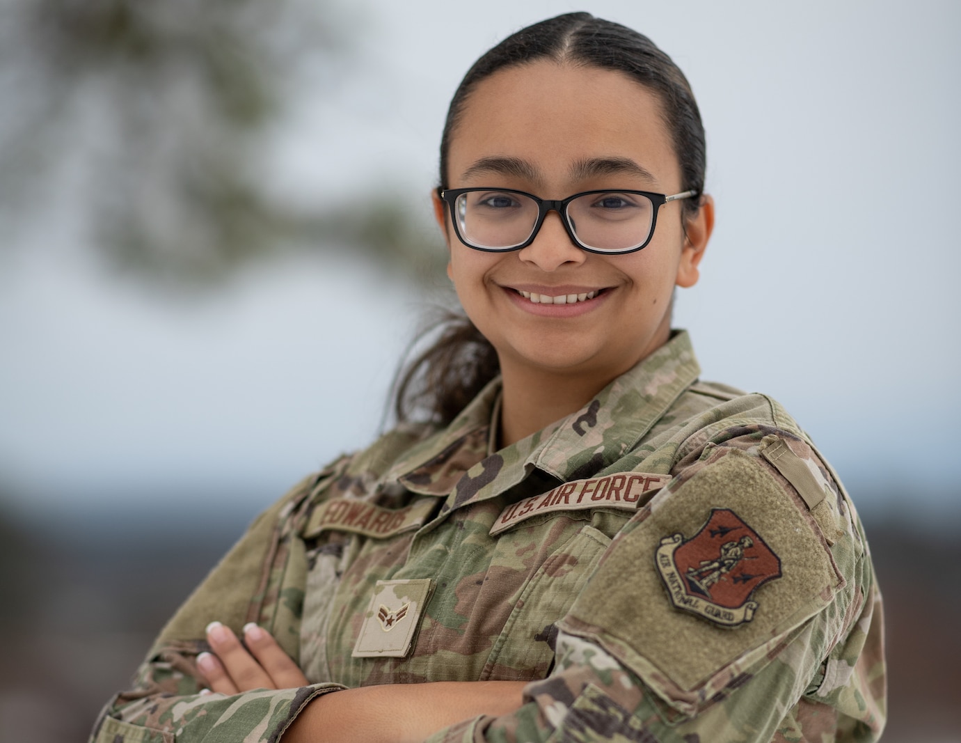 Outside Portrait of A1C Edwards, a paralegal assigned to the 158th Fighter Wing, tells her story about attending college while serving as a drill status Guardsmen