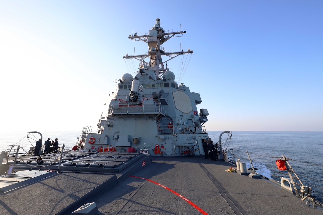 GULF OF ADEN  (Nov. 24, 2025) The Arleigh Burke-class guided-missile destroyer USS Roosevelt (DDG 80) sails in the Gulf of Aden during a sea-and-anchor evolution in the U.S. Central Command (CENTCOM) area of responsibility.  Roosevelt is deployed to the U.S. 5th Fleet area of operations to support maritime security and stability in the CENTCOM area of responsibility. (U.S. Navy photo by Mass Communication Specialist 1st Class Indra Beaufort)