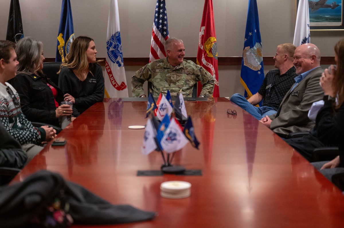 U.S. Air Force Col. Matthew Norton, 17th Training Wing commander, meets with the honorary commanders during the wing mission brief at the Norma Brown Headquarters building, Goodfellow Air Force Base, Texas, Dec. 12, 2025. During the brief, discussions focused on mission priorities, partnerships and the importance of community engagement. (U.S. Air Force photo by Airman 1st Class James Salellas)
